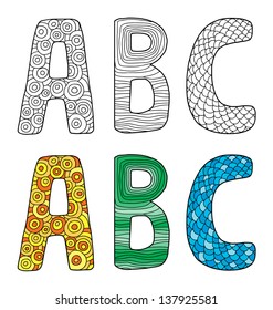 Vector illustration of letters A B C with different ornament. Color and line illustration