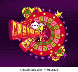 vector illustration letters casino and a variety of elements and characters on a bright background