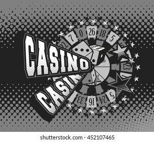 vector illustration letters casino and a variety of elements and signs black and white