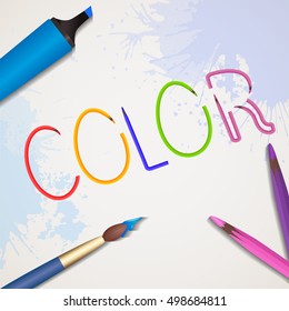 Vector illustration of letters from colored pencils and stationery. Creative art studio.