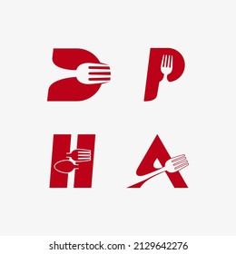 vector illustration of the letters D,P,H,A and cutlery for icons, symbols or logos. suitable for restaurant logos, canteens or cafes