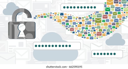 vector illustration of letters and emails in wave shape with lock and abstract passwords for cyber security designs