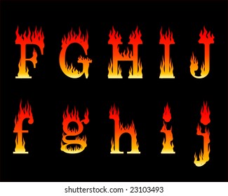 vector illustration of letters F to J in flames