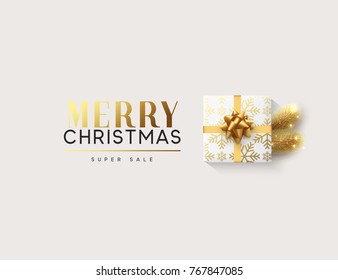 Vector illustration letttering Merry Christmas, gift box closed wrapped ribbon with bow. Xmas greeting card, banner, poster.