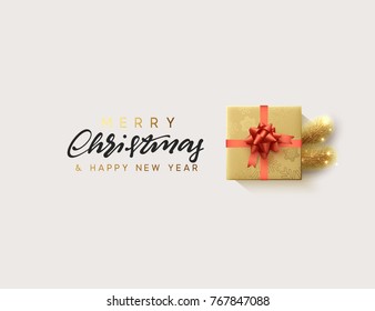 Vector illustration letttering Merry Christmas, gift box closed wrapped ribbon with bow. Xmas greeting card, banner, poster.