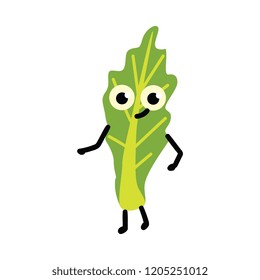 Vector illustration of lettuce leaf cartoon character. Cute emoticon of fresh green plant for healthy vegetarian eating concept isolated on white background - natural ingredient for tasty food.