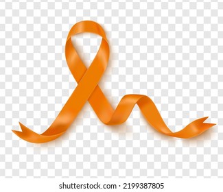 Vector illustration of the leukemia cancer awareness tape, isolated on a transparent background. Realistic vector orange silk ribbon with loop.Design for the poster.