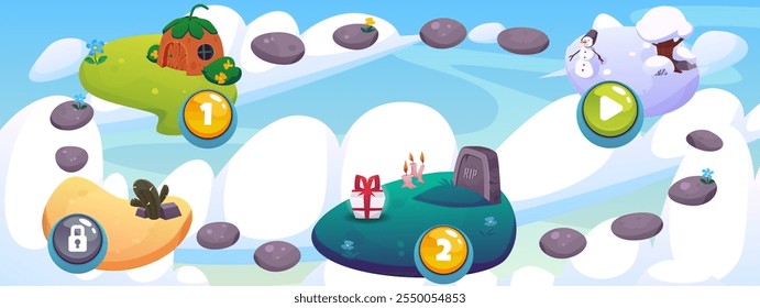 Vector illustration of a level map with floating islands in the clouds with a sand dune, a tombstone, a snowman and a summer house. Game path map with numbers. Horizontal template for the interface.