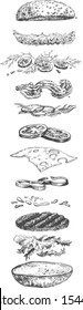 Vector illustration of levitating burger ingredients. Hamburger, bun, meat cutlet, bacon, pickles, onion, cheese, paprika, sauce, salad leaves. Fast food cooking process. Vintage hand drawn style