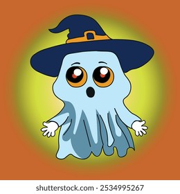 Vector illustration of a levitating Halloween ghost on a background with a gradient. Halloween party concept. Mystical elements for holiday event, greeting card, poster, banner, logo, cartoon. 