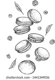 Vector illustration of levitating macaroons. French pastry dessert national dish. France sweet desert in motion. Vintage hand drawn style.