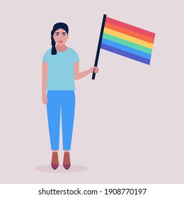 Vector illustration of LGBT activist in parade. Young woman with rainbow flag. Vector illustration in a flat style