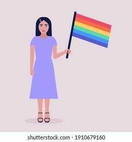 Vector illustration of LGBT activist in parade. Young woman with rainbow flag. Vector illustration in a flat style