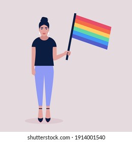 Vector illustration of LGBT activist in parade. Young woman with rainbow flag. Vector illustration in a flat style