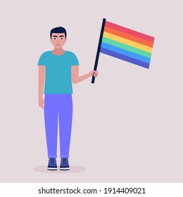 Vector illustration of LGBT activist in parade. Young man with rainbow flag. Vector illustration in a flat style