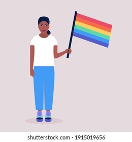 Vector illustration of LGBT activist in parade. Young woman with rainbow flag. Vector illustration in a flat style