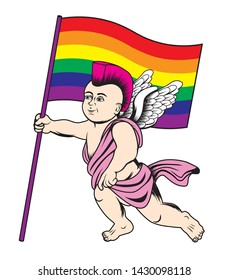 Vector illustration of LGBT cherub holding a rainbow flag
