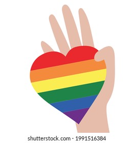 Vector illustration of the LGBT community. Hand holding a rainbow heart. LGBTQ symbolism and colors. Human rights and tolerance. Happy Pride Month. Postcard, banner design.