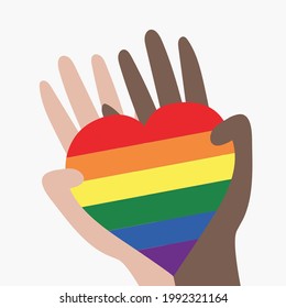 Vector illustration of the LGBT community. Hands of different colors holding a rainbow heart. LGBTQ symbolism and colors.   Human rights and tolerance. Happy Pride Month. Postcard, banner design.