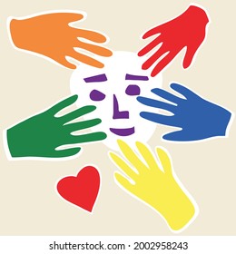 Imagen vectorial de la comunidad LGBT. Manos de colores diferentes. Simbolismo LGBTQ. Derechos humanos y tolerancia. Unidad de personas con diferentes culturas y puntos de vista. concepto de paz y amistad.