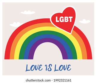 Vector illustration of LGBT community. Multicolored rainbow. Inscription - Love is Love. LGBTQ symbols and colors.  Human rights and tolerance. Happy Pride Month. Postcard, banner design.