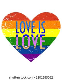 Vector illustration for LGBT community Pride month: Rainbow flag in a vintage distressed heart shape and text Love is Love.