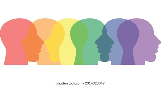 Ilustración vectorial del concepto LGBT, orgullo. Perfiles humanos de diferentes colores de la bandera LGBT. Respeto y derechos homosexuales.