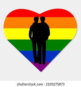 A vector illustration of LGBT couple on the pride flag background. LGBT community symbol in rainbow colours. This picture can be used for greeting or valentine cards and your design.