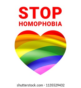 Vector illustration with LGBT movement rainbow flag in heart shape and Stop Homophobia slogan.