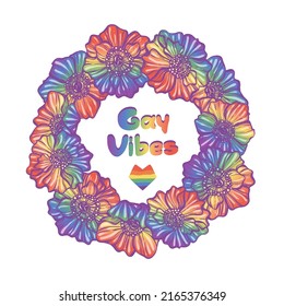 Vector illustration. LGBT rainbow colored flowers. Gay vibes. Sticker, patch, t-shirt print, logo design