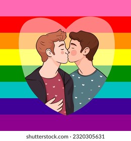 Vector illustration LGBTQ gay couple kissing each other. Two man kiss lgbt flag pride month love valentine 