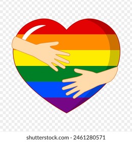 Vector illustration of LGBTQ heart with hugging hands on transparent background