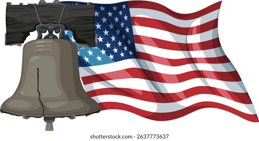 Vector illustration of the Liberty Bell with a waving American flag. Bold colors and clean lines emphasize patriotic themes