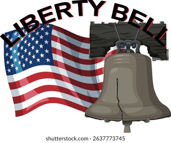 Vector illustration of the Liberty Bell with a waving American flag. Bold colors and clear lines enhance the patriotic theme
