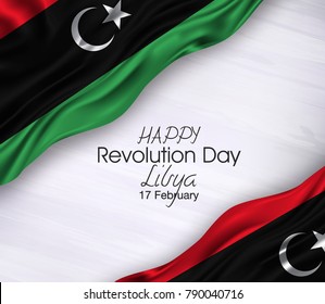  Vector illustration of  Libia Happy Revolution Day 17 Februay. Waving flags isolated on gray background.