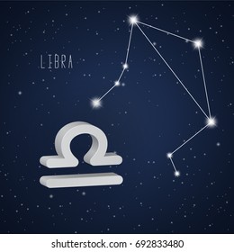 Vector illustration of Libra 3D symbol and constellation on the background of starry sky