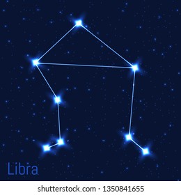 Vector illustration of Libra constellation. Astronomical Balance. Cluster of realistic stars in the dark blue starry sky.