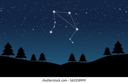 Vector illustration of Libra constellation on the background of starry sky and night landscape