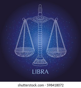 Vector illustration of libra in the star sky, zodiac sign. Poster, card, print design.