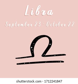 Vector illustration of Libra zodiac sign and date on a pink background.