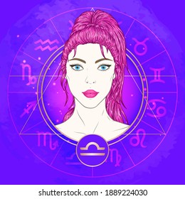 Vector illustration of Libra zodiac sign and portrait beautiful girl on abstract background with horoscope circle. Mysticism, esoteric, astrology. Air element.