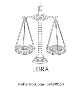 Vector illustration of libra, zodiac sign. Tattoo, coloring page, t-shirt, card, poster, print design.