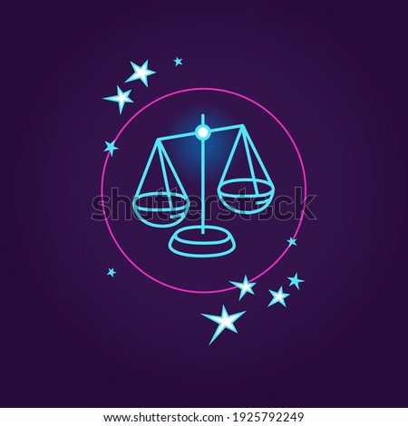 Vector illustration with Libra Zodiac sign. Dark blue space background. Simple stylized image of the Zodiac symbol Libra and stars in a circle. Libra, a shining blue contour.