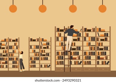 Vector illustration. Library, background for website, landing page. People in the library, books, learning. Modern design.