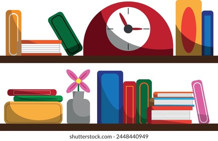 Vector and illustration of library with books, clock, flower for printing, brochures, website and app