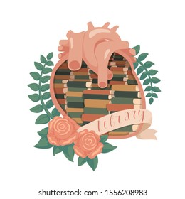 Vector illustration of library with books inside human heart. Frame with roses and leaves around the heart. Ribbon with lettering Library.