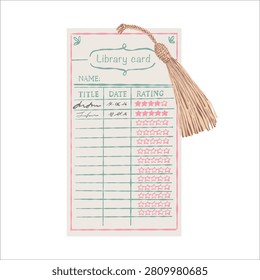 Vector illustration of a library card. Flat-style clipart with a book theme. Reading accessories. Library. Reading for women.