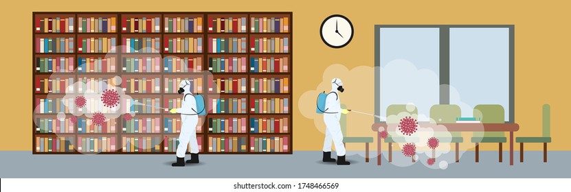 Vector illustration for library disinfectant during lock down, whole world sanitize for deadly covid 19 disease, 
global attack of corona virus-concept background