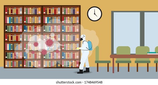 Vector illustration for library disinfectant during lock down, whole world sanitize for deadly covid 19 disease, 
global attack of corona virus-concept background