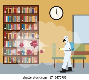 Vector illustration for library disinfectant during lock down, whole world sanitize for deadly covid 19 disease, 
global attack of corona virus-concept background